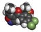 Isoxaflutole herbicide molecule. 3D rendering. Atoms are represented as spheres with conventional color coding: hydrogen white,.