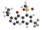 Isoxaflutole herbicide molecule. 3D rendering. Atoms are represented as spheres with conventional color coding: hydrogen white,.