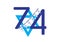 Israel 74th independence day logo, number, star of David and Israeli flags bunting