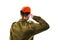 Israel Defense Forces soldier wearing an orange beret salutes. IDF soldier, young israeli, salutes on white isolated background
