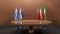 Israel and Iran flags, Israel and Iran flag, Israel and Iran negotiations. Rostrum for speech. 3D work and 3D image