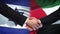 Israel and Palestine handshake, international friendship policy, flag background