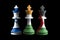 israel, Palestine and india flags paint over on chess king. 3D illustration