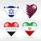 Israel, Qatar, Iraq and Iran heart flag set of Asian states