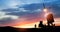 Israel's Iron Dome air defense missile launches. Silhouettes of soldier and Israel's Iron Dome air defense.