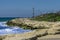 Israel Tel-Aviv May 19, 2019 A modern walking and cycling path carved and laid out in the existing rocks with lampposts, directly