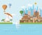 Israel vector banner with jewish landmarks, hot air balloons and dead sea. Welcome to Israel. Travel poster in flat design