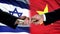 Israel and Vietnam officials exchanging money, flag background, partnership