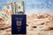 Israeli citizen international passport hundred dollar bills euro and shekels on sand and sea background