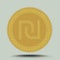 Israeli currency shekel, embossed symbol in circle gold metallic coin shape isolated on gray background with shadow