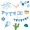 Israeli Independence Day set, cactus, fireworks, hat, dove, confetti, balloons, falafel, vector illustration. translation