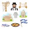 Israeli or Jewish Attributes with Shakshuka Dish and Torah Scroll Vector Set