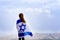 Israeli jewish little girl with Israel flag back view.