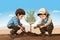 Israeli and Palestinian children planting a tree together, AI Generated