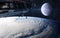 ISS on background of the moon and the terrestrial landscape. Solar system. Science fiction