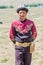 ISSYK KUL, KYRGYZSTAN - JULY 15, 2018: Local man wearing a traditional dress at the Ethnofestival Teskey Jeek at the