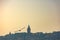 Istanbul background photo. Galata Tower and a seagull at sunset