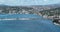 Istanbul Bosphorus Bridge and City Skyline in Background with Turkish Flag at Beautiful Sunset, Aerial slide orbiting