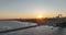 Istanbul Bosphorus Bridge and City Skyline in Background with Turkish Flag at Beautiful Sunset, Aerial slide orbiting