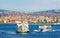 Istanbul cityscape, passenger ferries cross strait of Bosphorus