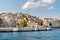 Istanbul embankment and mosque at the entrance to the Bosphorus Strait in Istanbul. Istanbul. Turkey - 09.25.2021