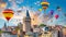 Istanbul Galata Tower and hundreds of colorful hot air balloons in the sky
