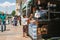 Istanbul, June 11, 2017: Little boy buying gyros from street vendor