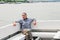 Istanbul, June 17, 2017: An elderly local man swims by ferry across the Bosphorus. Ordinary life in Turkey