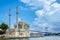 Istanbul landscape. Istanbul`s populer touristic destination Ortakoy Mosque and Bosphorus Bridge view. Cloudy sky in summer day