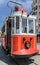 Istanbul nostalgic tramways. Vintage red and white tram on the street