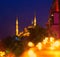 Istanbul street at night. Blue Mosque.