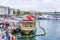 Istanbul, Turkey, 05/22/2019: Port with tourist ships cafe on the waterfront