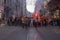 ISTANBUL / TURKEY - 30/05/2015: big crowd of Galatasaray S.K. football team fans marching with banners, flags, flares on Istiklal