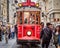 Istanbul, Turkey - APRIL 3, 2019: Heritage trams of a Taksim-Tunel Nostalgia Tramway line operates on Istiklal Street