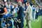 Istanbul, Turkey - August 14, 2019: A journalist with a microphone makes a report during the UEFA Super Cup Finals match between