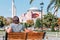 ISTANBUL, TURKEY - August 29, 2018: Man enjoying the view the Hagia Sophia Aya Sofya