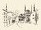 Istanbul, Turkey, harbor, vintage engraved sketch