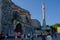 Istanbul, Turkey. July 21, 2019. Sultanahmet Square, view of the minaret Hagia Sophia, people walk in the square