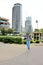 Istanbul, Turkey - June 8, 2017: Solo traveling man with backpack in the downtown of Istanbul with skyscapers background