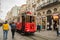 ISTANBUL, TURKEY: Retro tram on Istiklal street. Istanbul historic district. Istanbul famous touristic line. Red tram Taksim-Tunel