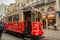 ISTANBUL, TURKEY: Retro tram on Istiklal street. Istanbul historic district. Istanbul famous touristic line. Red tram Taksim-Tunel