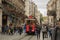 ISTANBUL, TURKEY: Retro tram on Istiklal street. Istanbul historic district. Istanbul famous touristic line. Red tram Taksim-Tunel