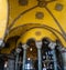 Istanbul / Turkey, September 04 2019: Panoramic Hagia Sophia Ayasofya museum interior view. Column and dome details