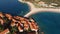 Isthmus leading to the island of Sveti Stefan. Drone