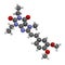 Istradefylline Parkinson`s disease drug molecule. 3D rendering. Atoms are represented as spheres with conventional color coding: