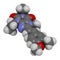 Istradefylline Parkinson`s disease drug molecule. 3D rendering. Atoms are represented as spheres with conventional color coding: