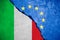 Italexit blue european union EU flag on broken wall and half italian flag, vote for referendum italy exit from europe