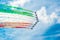 Italian acrobatic airplanes team drawing italian flag in blue sky