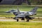 Italian Air Force Eurofighter Typhoon fighter jets taxiing to the runway at Florennes Air Base, Belgium - June 15, 2017