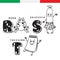 Italian alphabet. Frog, sausage, notepad. Vector letters and characters.